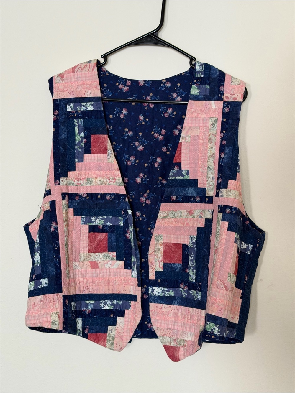 Quilt-Pattern Navy and Pink Patchwork Vest